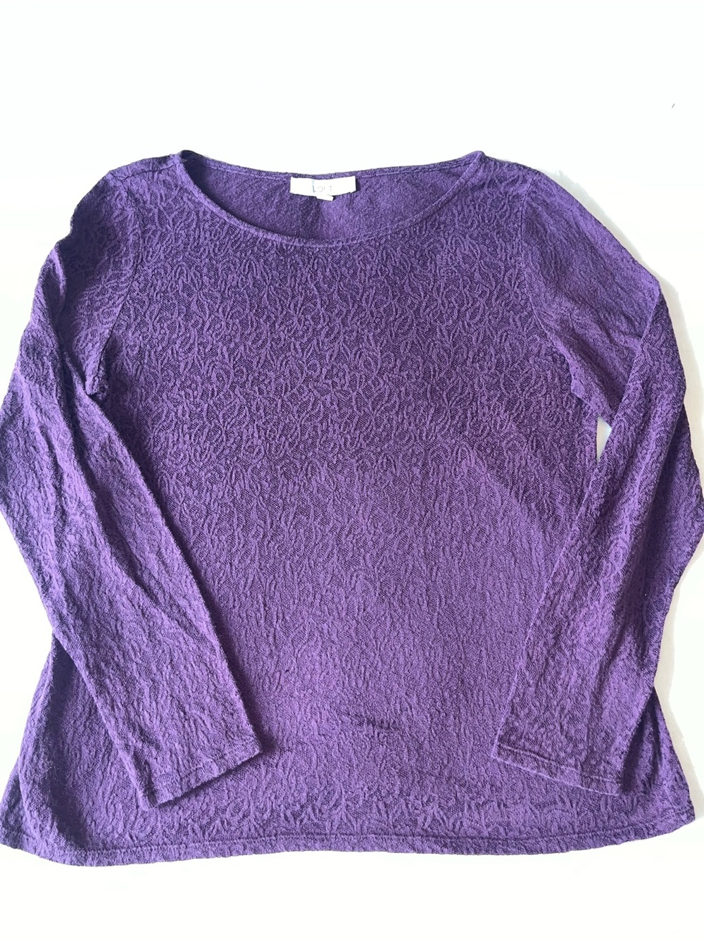 LOFT Purple Long-Sleeve Floral Textured Women's Top Round Neck Sz Large